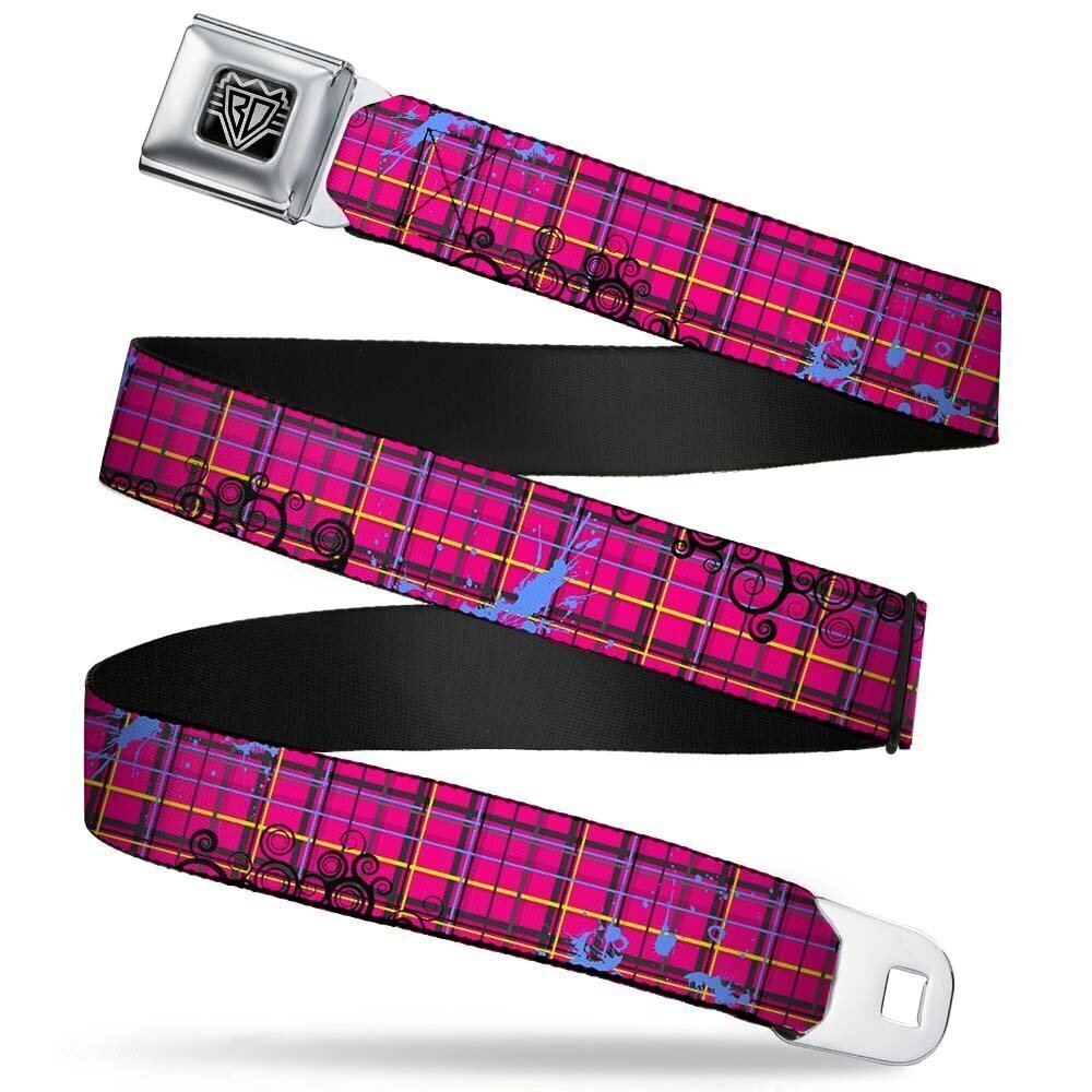 2239 Seatbelt Belt - Plaid Curls Pink/Black/Yellow/Blue - 1.0" Wide - 20-36